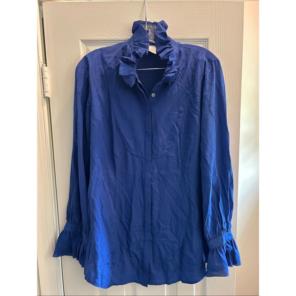 Soft Surroundings Royal Blue Ruffle-Neck Dress Shirt 100% Silk Large